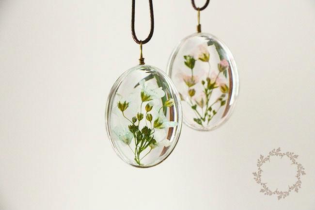 Dried Flower Necklace Gypsophila Floral Boho Glass Pendant Leather Chain