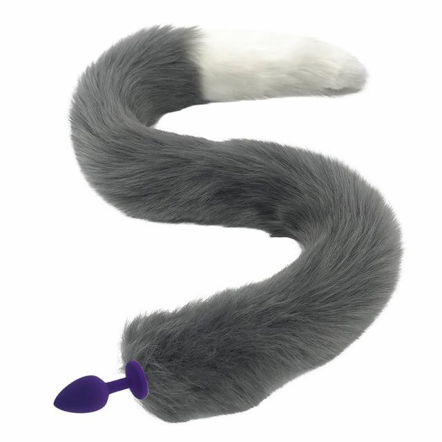 80Cm Long Grey White Fox Tail Cosplay Anal Butt Plug Bdsm Pet Play
