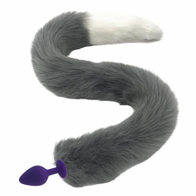 80Cm Long Grey White Fox Tail Cosplay Anal Butt Plug Bdsm Pet Play