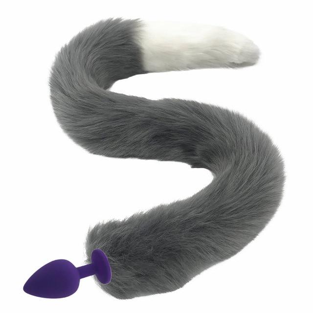80Cm Long Grey White Fox Tail Cosplay Anal Butt Plug Bdsm Pet Play