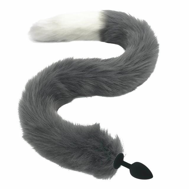 80Cm Long Grey White Fox Tail Cosplay Anal Butt Plug Bdsm Pet Play