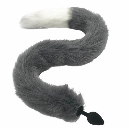 80Cm Long Grey White Fox Tail Cosplay Anal Butt Plug Bdsm Pet Play