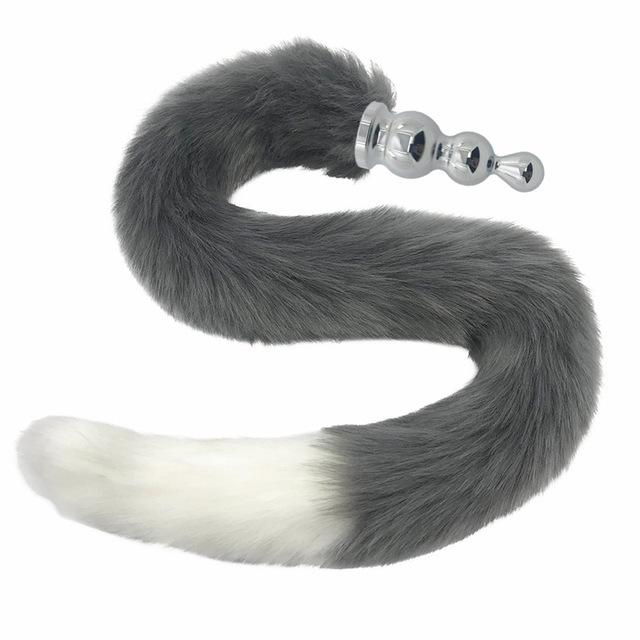 80Cm Long Grey White Fox Tail Cosplay Anal Butt Plug Bdsm Pet Play