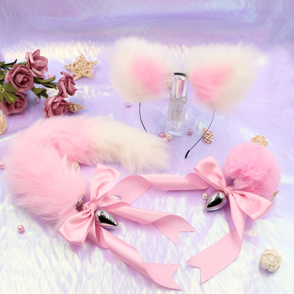 1 Sets of House Of Dasein 1 Sets Pink White Ears Headband Kitten Or Rabbit Tail Metal Butt Plug