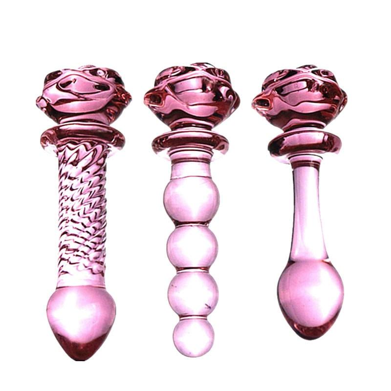 Pink Rose Smooth Anal Beads Butt Plug Glass Dildo