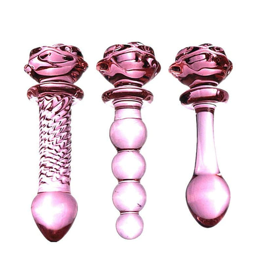 Pink Rose Smooth Anal Beads Butt Plug Glass Dildo