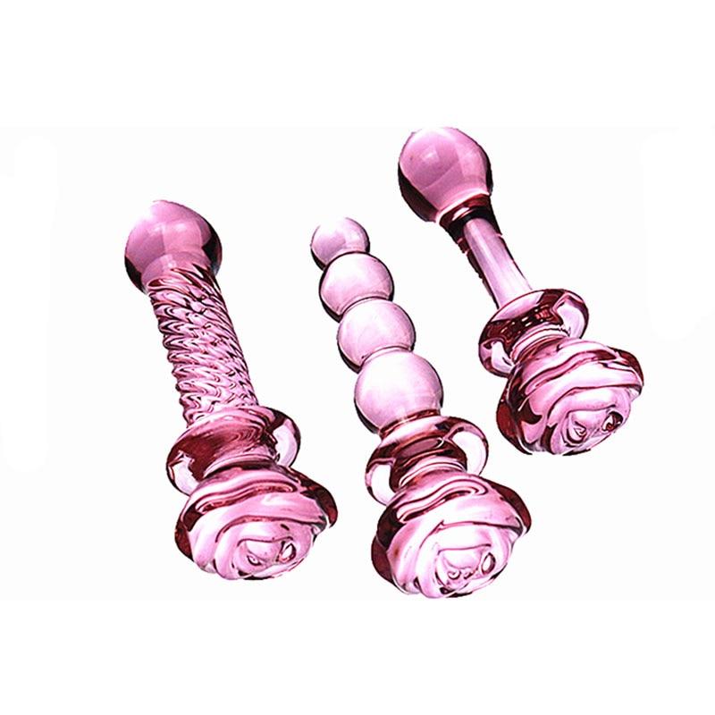 Pink Rose Smooth Anal Beads Butt Plug Glass Dildo
