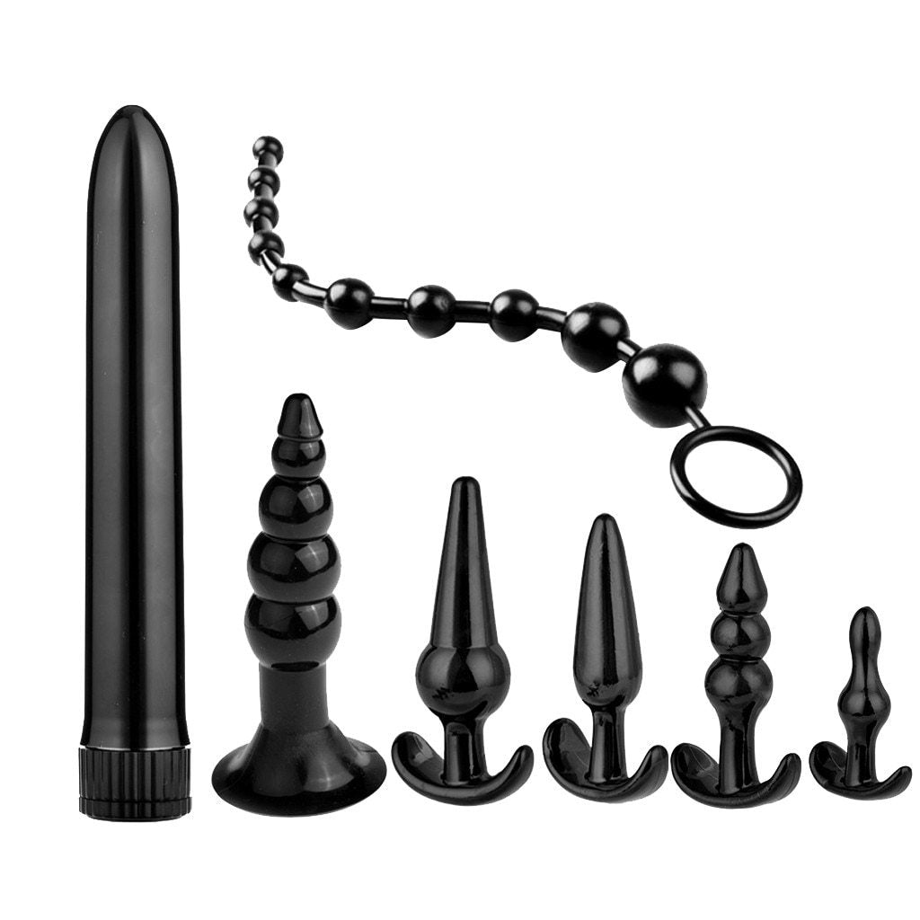 7Pcs Black Trainer Butt Plug Set Anal Beads Vibrator