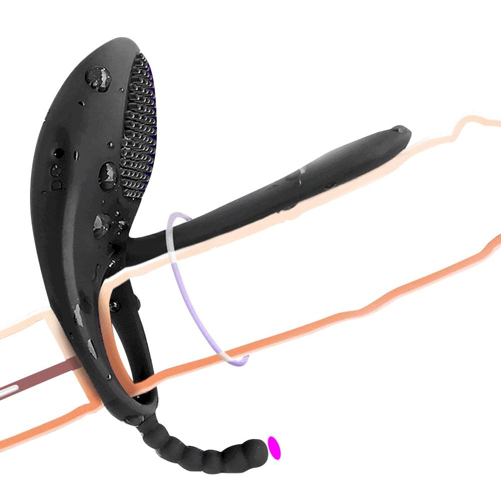 Black Vibrating Cock Ring Anal Beads Butt Plug Clitoral Stimulator Couples Vibrator
