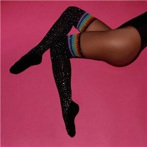 Cotton Over The Knee Socks Sparkly Rhinestone Rainbow Stripes Women