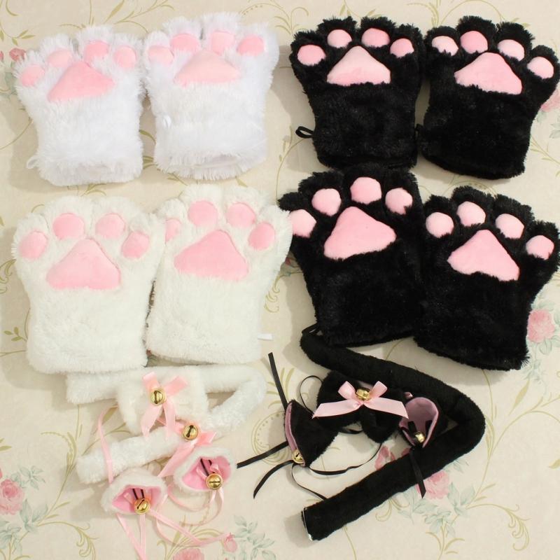 Plush Cat Ears Paws Gloves Tail Anime Cosplay Kitten Pet Play Bdsm Kink Fetish