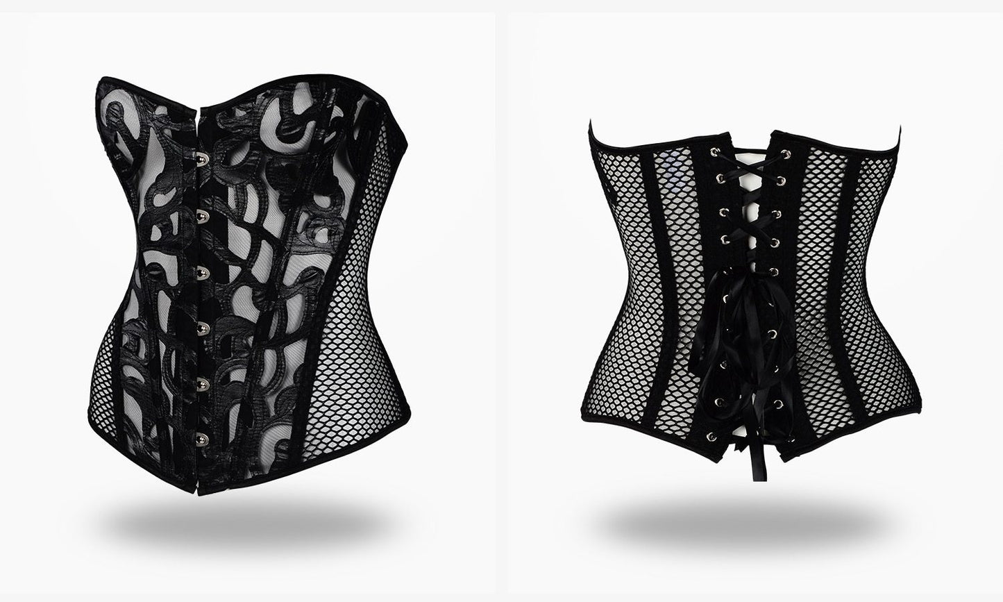 Black White Over Bust Corset Lace Mesh Sexy Lingerie Bdsm Fetish Clothing