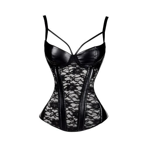 Black Leather And Lace Bustier Over Slimming Lingerie Bdsm Fetish Clothing