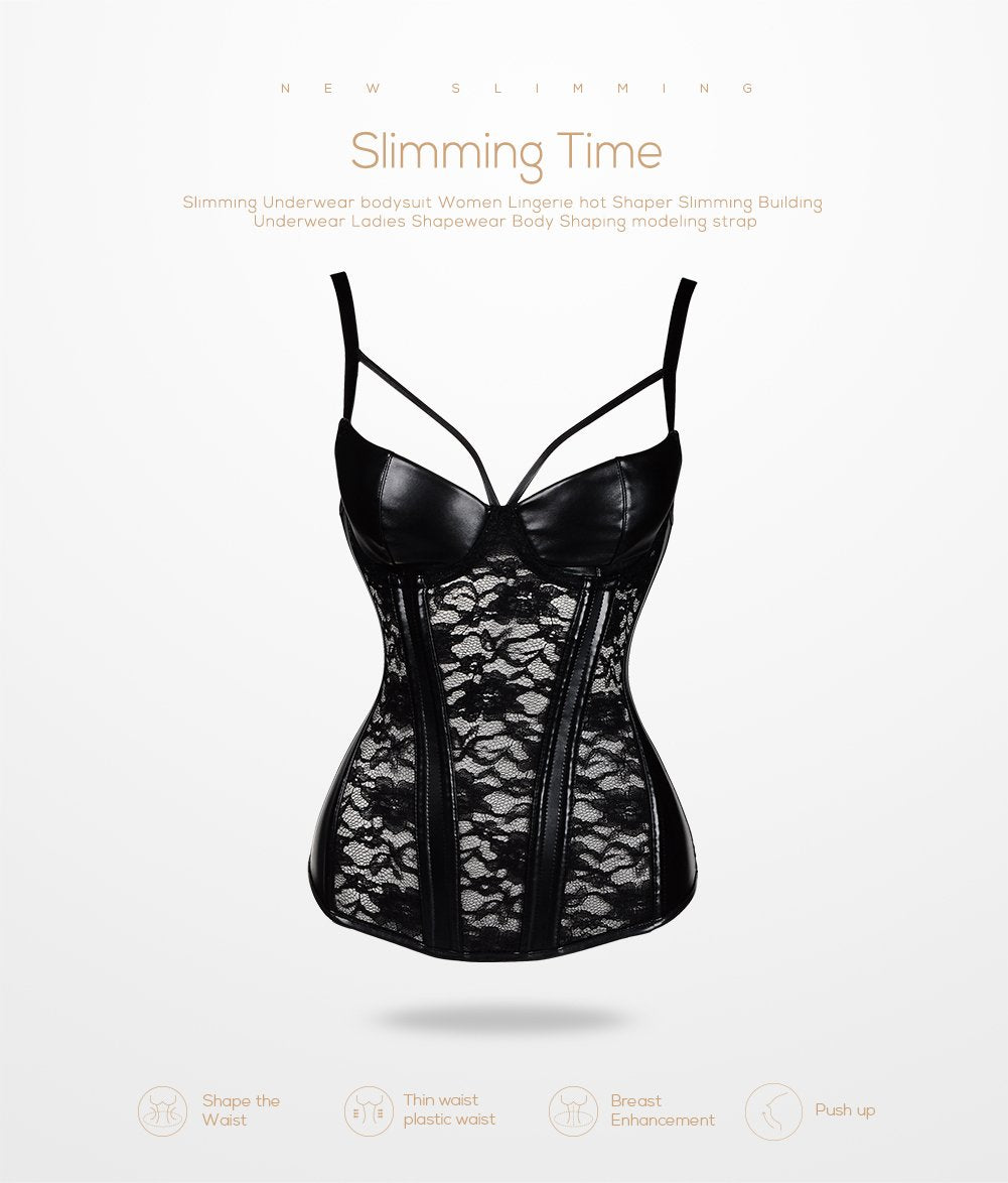 Black Leather And Lace Bustier Over Slimming Lingerie Bdsm Fetish Clothing