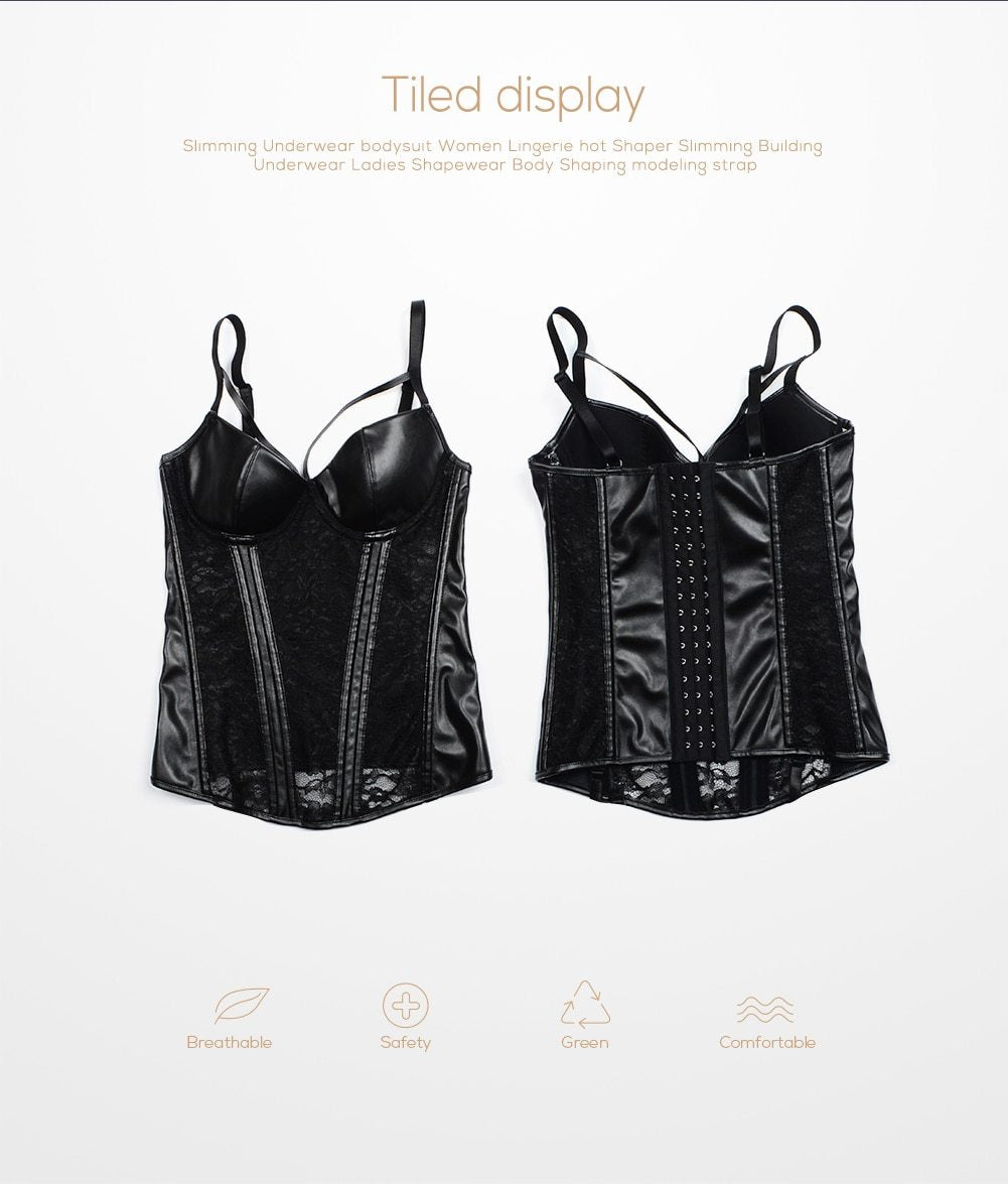Black Leather And Lace Bustier Over Slimming Lingerie Bdsm Fetish Clothing