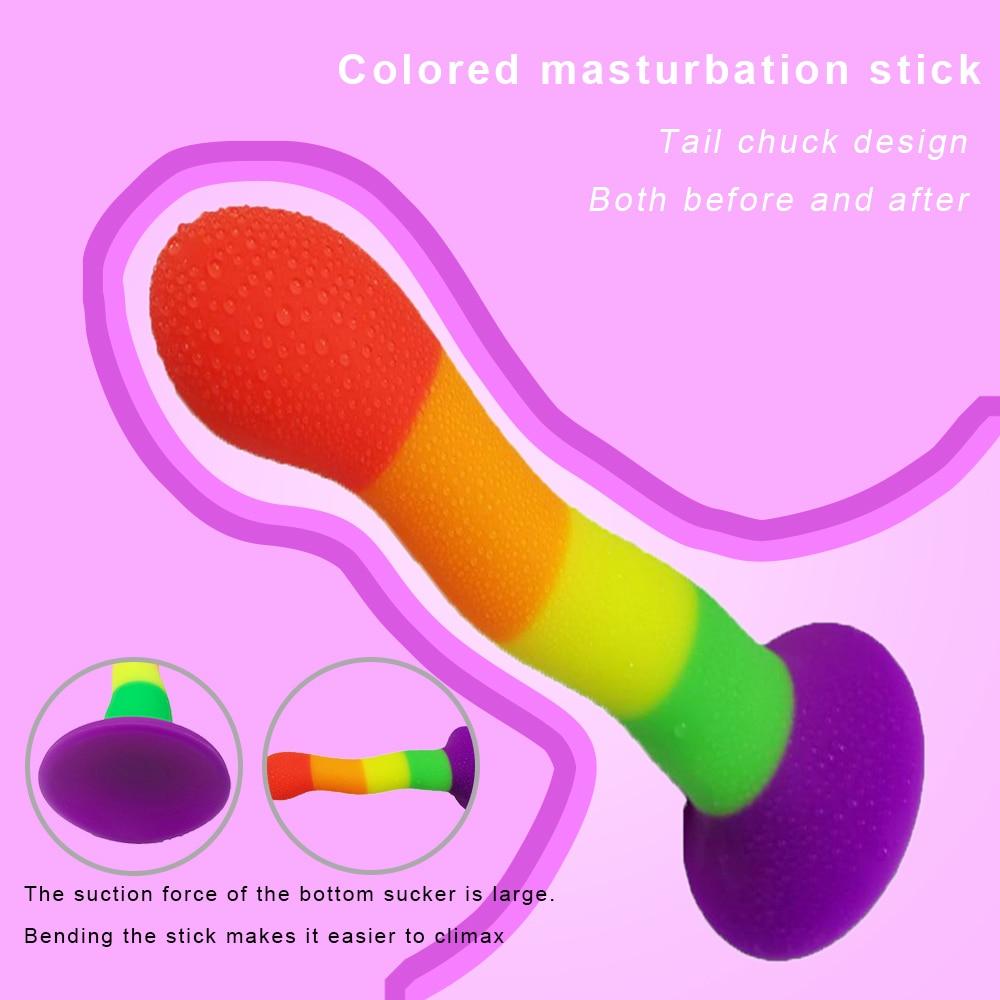 Rainbow Silicone Dildo Curved Suction Cup Base Dong Anal Plug