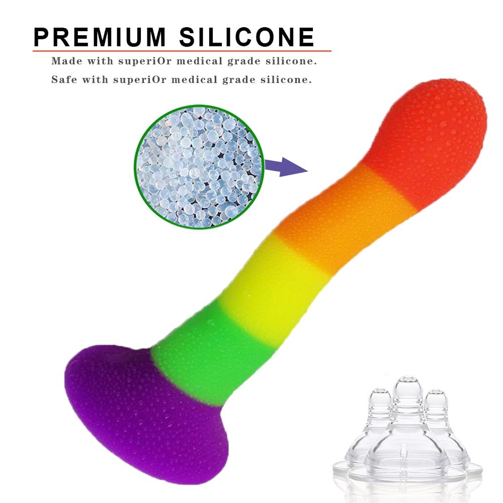 Rainbow Silicone Dildo Curved Suction Cup Base Dong Anal Plug