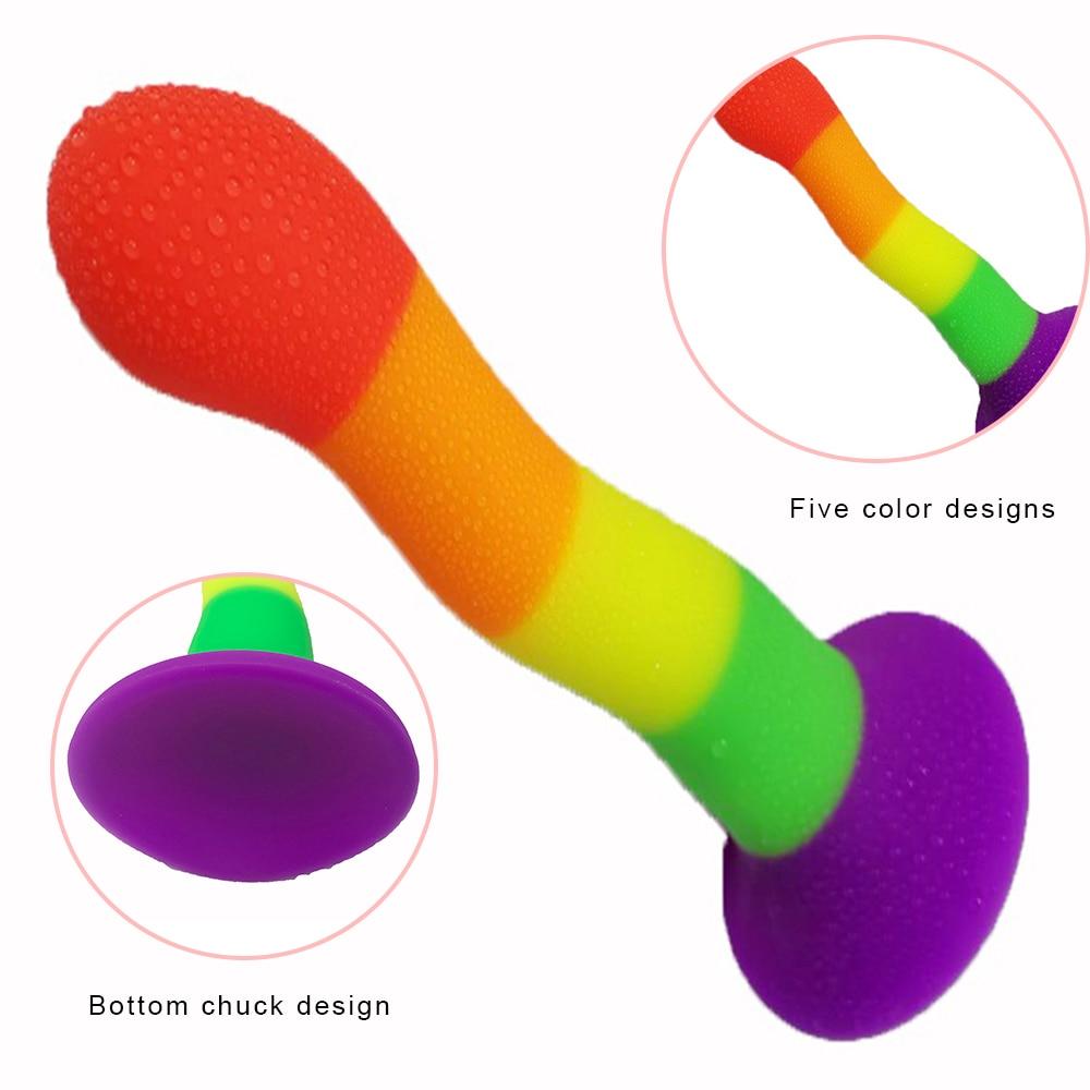 Rainbow Silicone Dildo Curved Suction Cup Base Dong Anal Plug