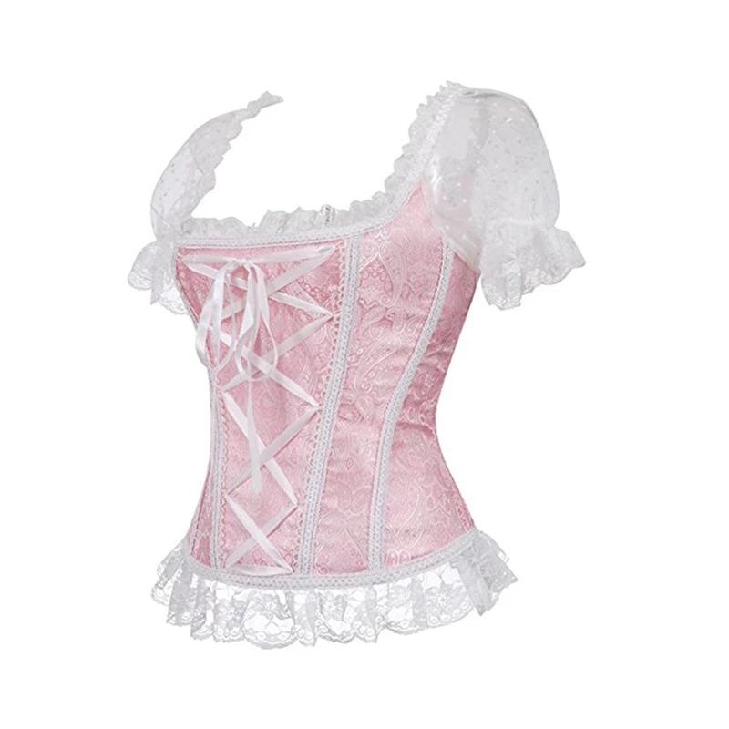 Sexy Pink Lace Short Sleeve Corset Top Style Corselet