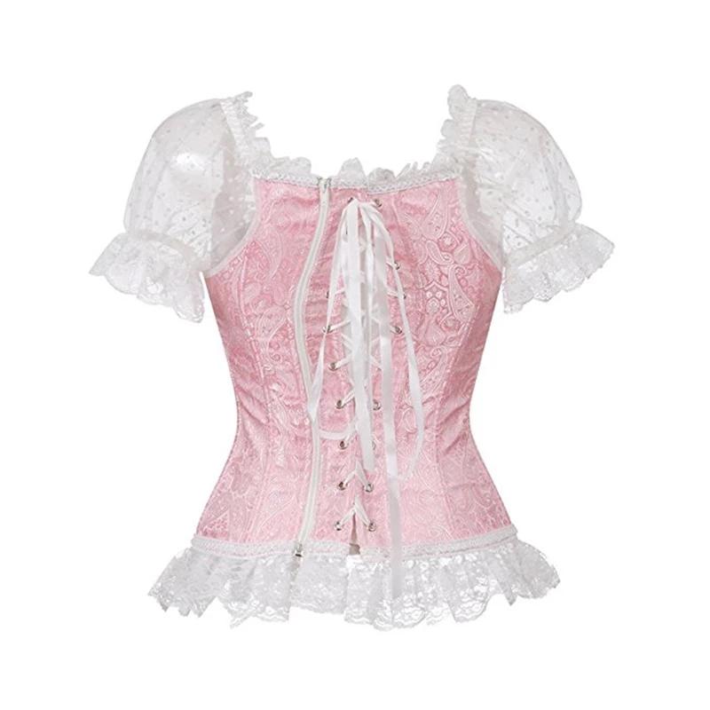 Sexy Pink Lace Short Sleeve Corset Top Style Corselet