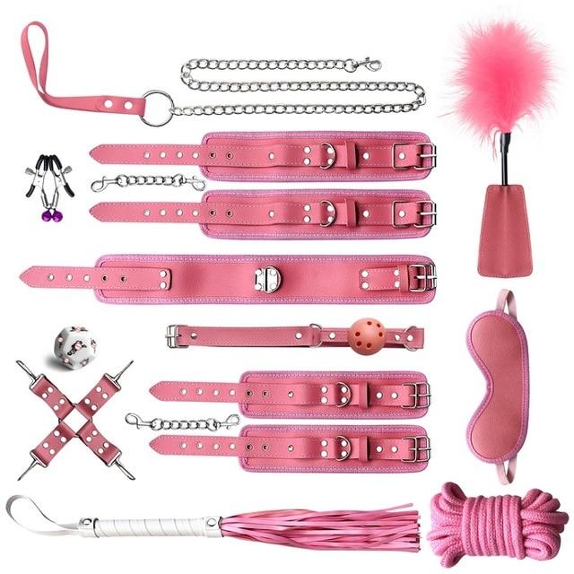 Black Pink Bondage Kit Handcuffs Leash Whip Gag Nipple Clamps Bdsm Set