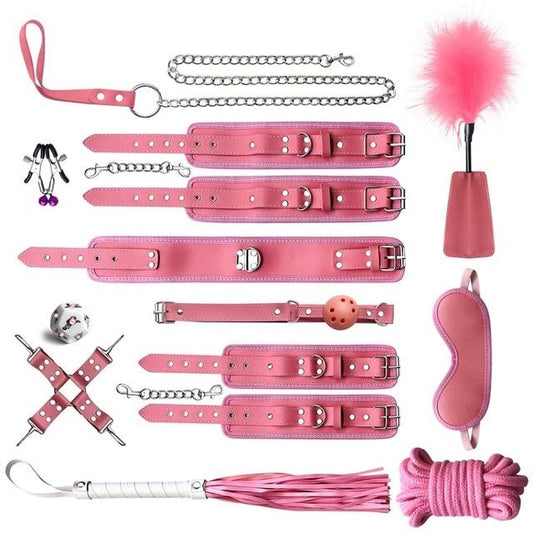 Black Pink Bondage Kit Handcuffs Leash Whip Gag Nipple Clamps Bdsm Set