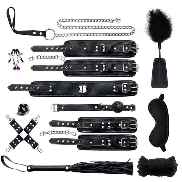 Black Pink Bondage Kit Handcuffs Leash Whip Gag Nipple Clamps Bdsm Set