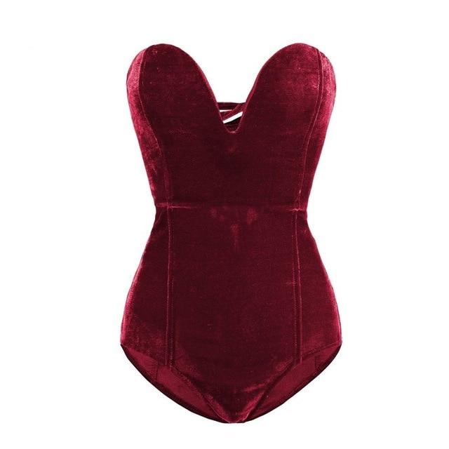 Sexy Velvet Strapless Neck Bodysuit Criss Cross Back For Women