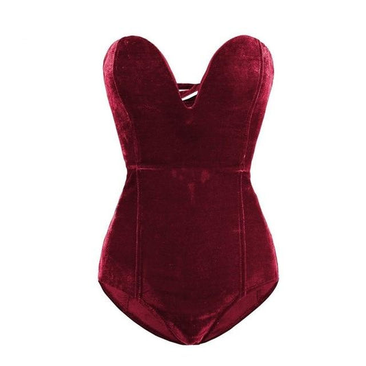Sexy Velvet Strapless Neck Bodysuit Criss Cross Back For Women