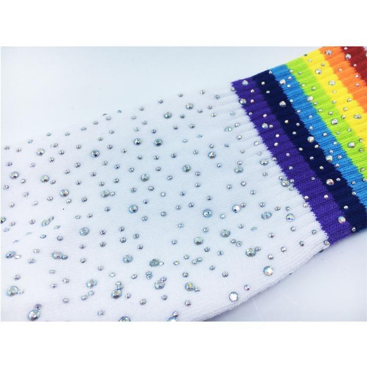 Cotton Over The Knee Socks Sparkly Rhinestone Rainbow Stripes Women
