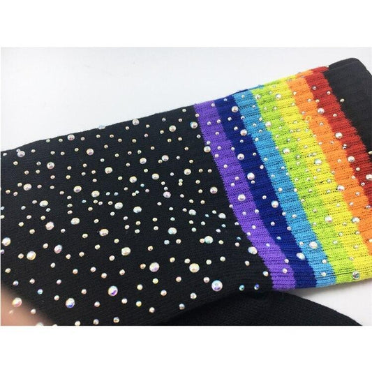 Cotton Over The Knee Socks Sparkly Rhinestone Rainbow Stripes Women
