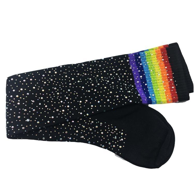 Cotton Over The Knee Socks Sparkly Rhinestone Rainbow Stripes Women