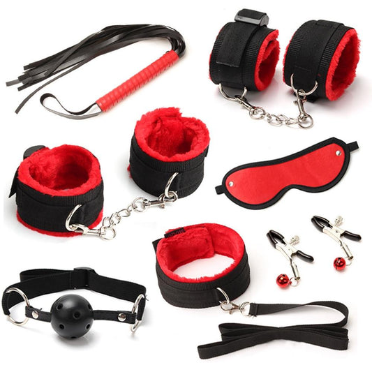 Bdsm Red Black Bondage Starter Kit Nipple Clamps Collar Cuffs Kink