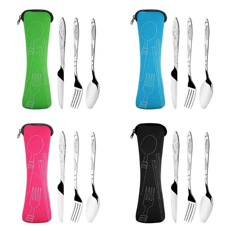 3Pcs / Set Camping Travel Stainless Steel Cutlery With Bag