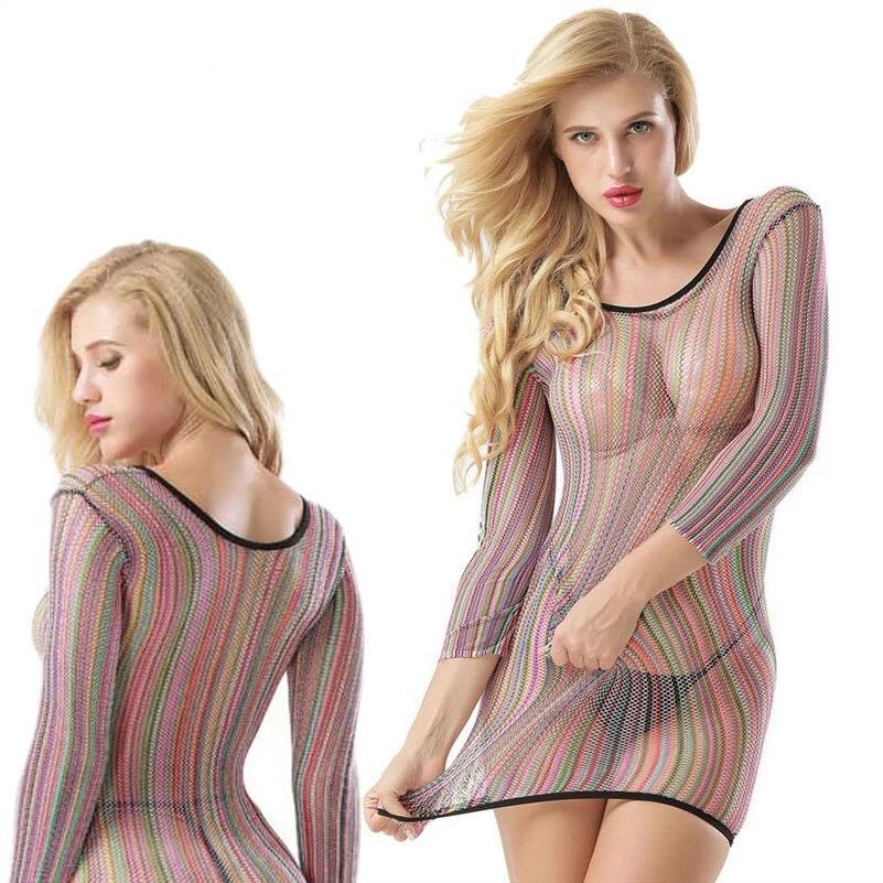 Rainbow Fishnet Bodysuit All In One Sheer Long Sleeve Mini Dress