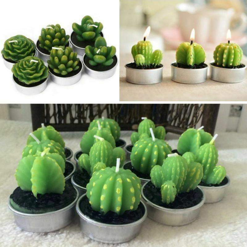 6Pcs/Set Artificial Cactus Succulent Plant Green Mini Candles Dcor