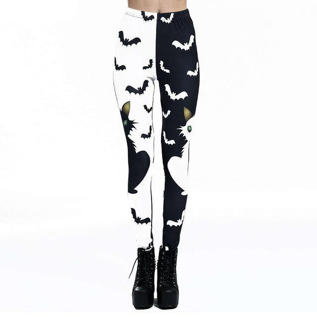 Cat Bat Printed Leggings Gothic Black White Pants Women