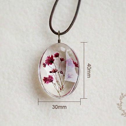 Dried Flower Necklace Gypsophila Floral Boho Glass Pendant Leather Chain