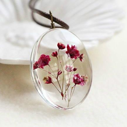 Dried Flower Necklace Gypsophila Floral Boho Glass Pendant Leather Chain