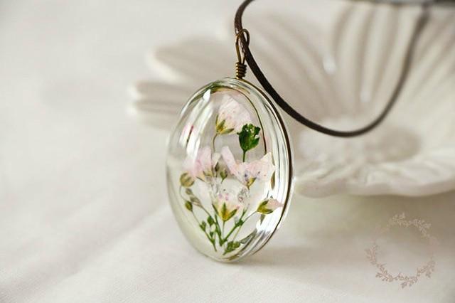 Dried Flower Necklace Gypsophila Floral Boho Glass Pendant Leather Chain