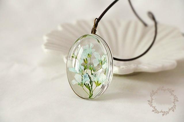 Dried Flower Necklace Gypsophila Floral Boho Glass Pendant Leather Chain