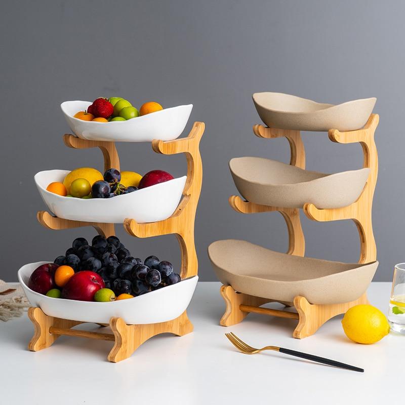 Bamboo Ceramic Two Or Three Layer Fruit Plate Snack Platter Candy Dish