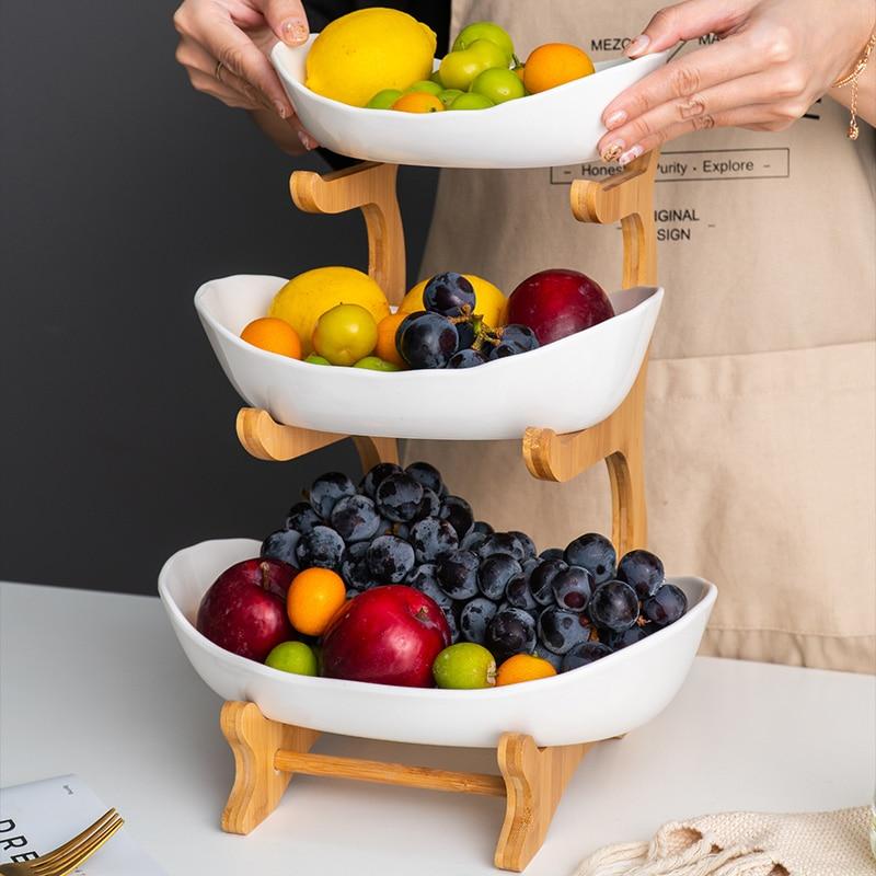 Bamboo Ceramic Two Or Three Layer Fruit Plate Snack Platter Candy Dish