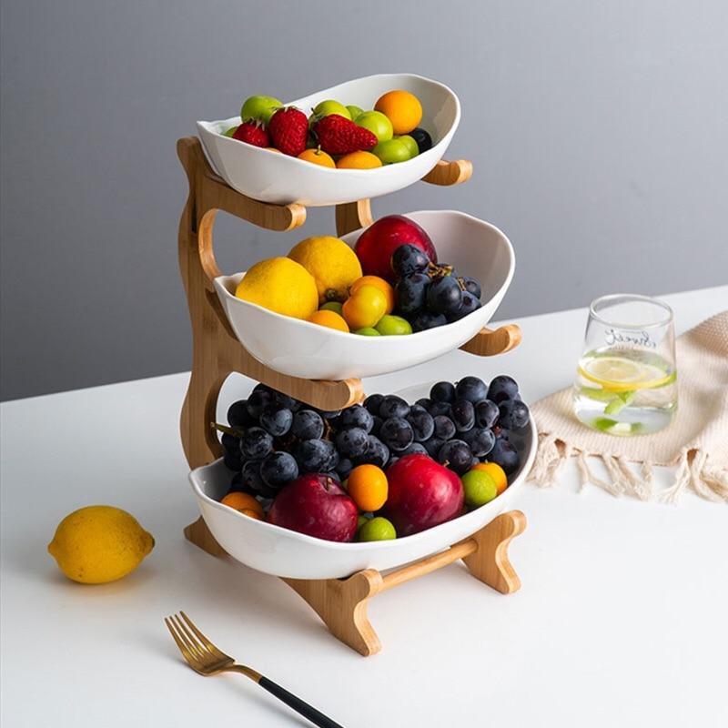 Bamboo Ceramic Two Or Three Layer Fruit Plate Snack Platter Candy Dish