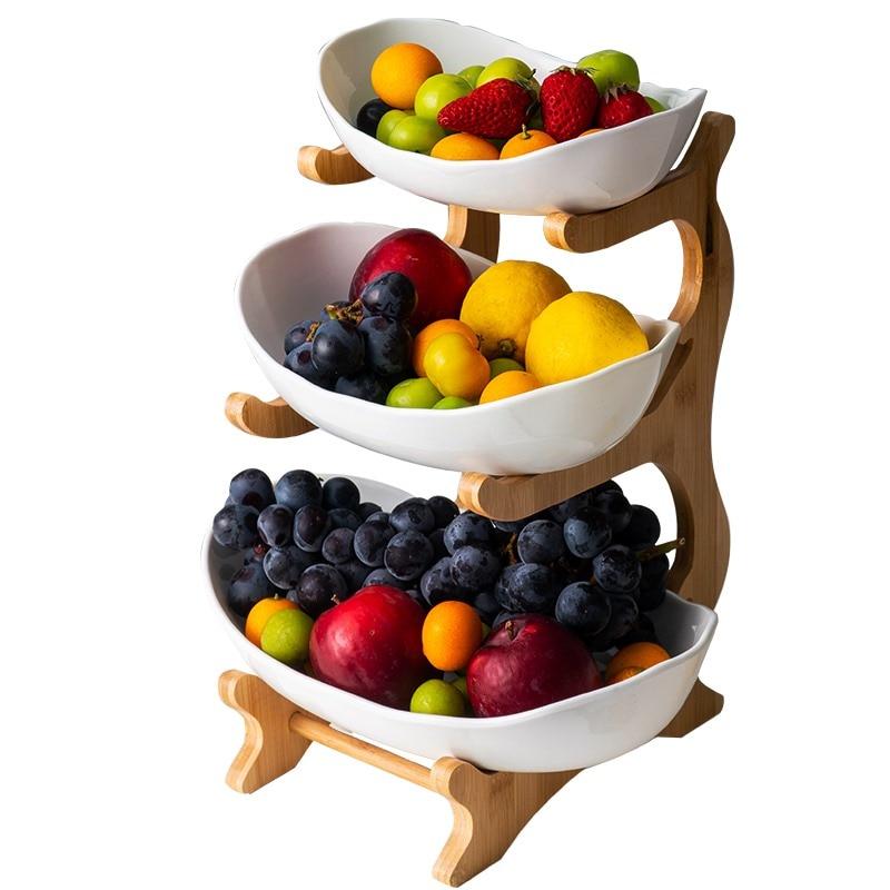 Bamboo Ceramic Two Or Three Layer Fruit Plate Snack Platter Candy Dish