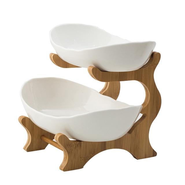 Bamboo Ceramic Two Or Three Layer Fruit Plate Snack Platter Candy Dish