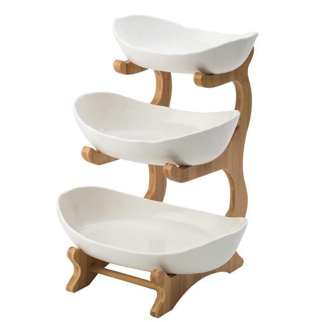 Bamboo Ceramic Two Or Three Layer Fruit Plate Snack Platter Candy Dish