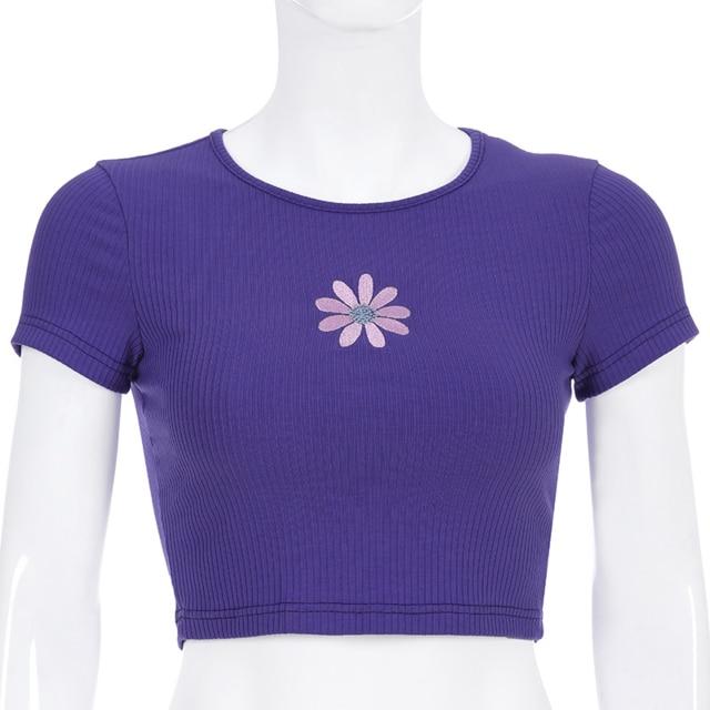 Purple Little Flower Summer Crop Top Tee Shirt Women Fashion