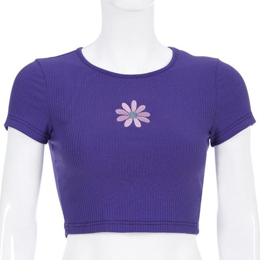 Purple Little Flower Summer Crop Top Tee Shirt Women Fashion