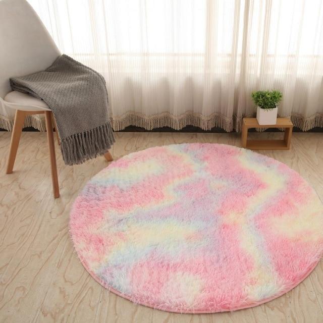 Rainbow Fluffy Faux Fur Round Rug Kids Room Plush Shaggy Rugs